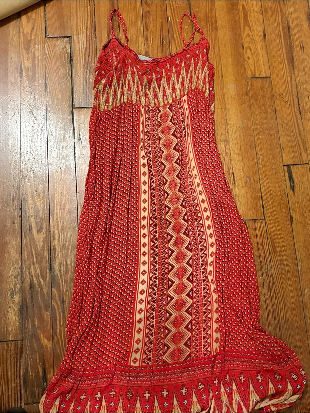Cost Plus World Market Red and Cream Boho Spaghetti-Strap Maxi Dress